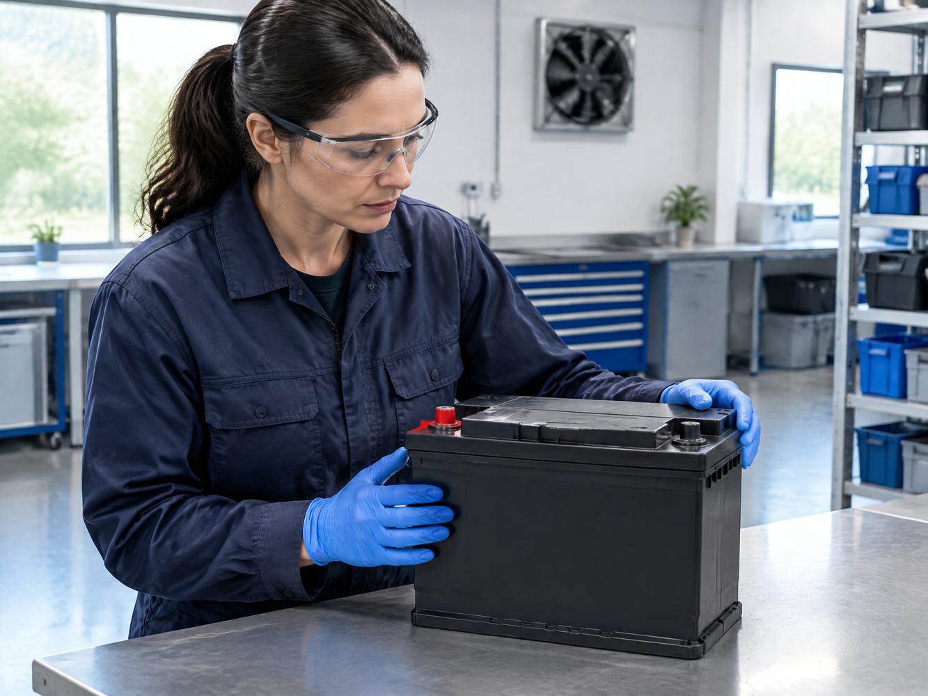 Technician inspecting a battery while wearing protective equipment.