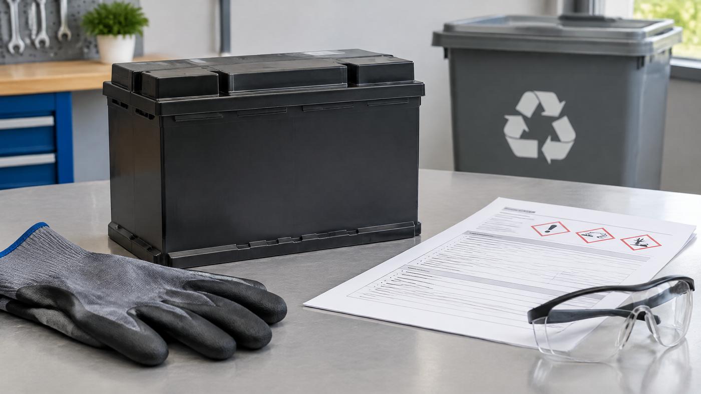 Sealed automotive battery beside safety supplies and a recycling container.
