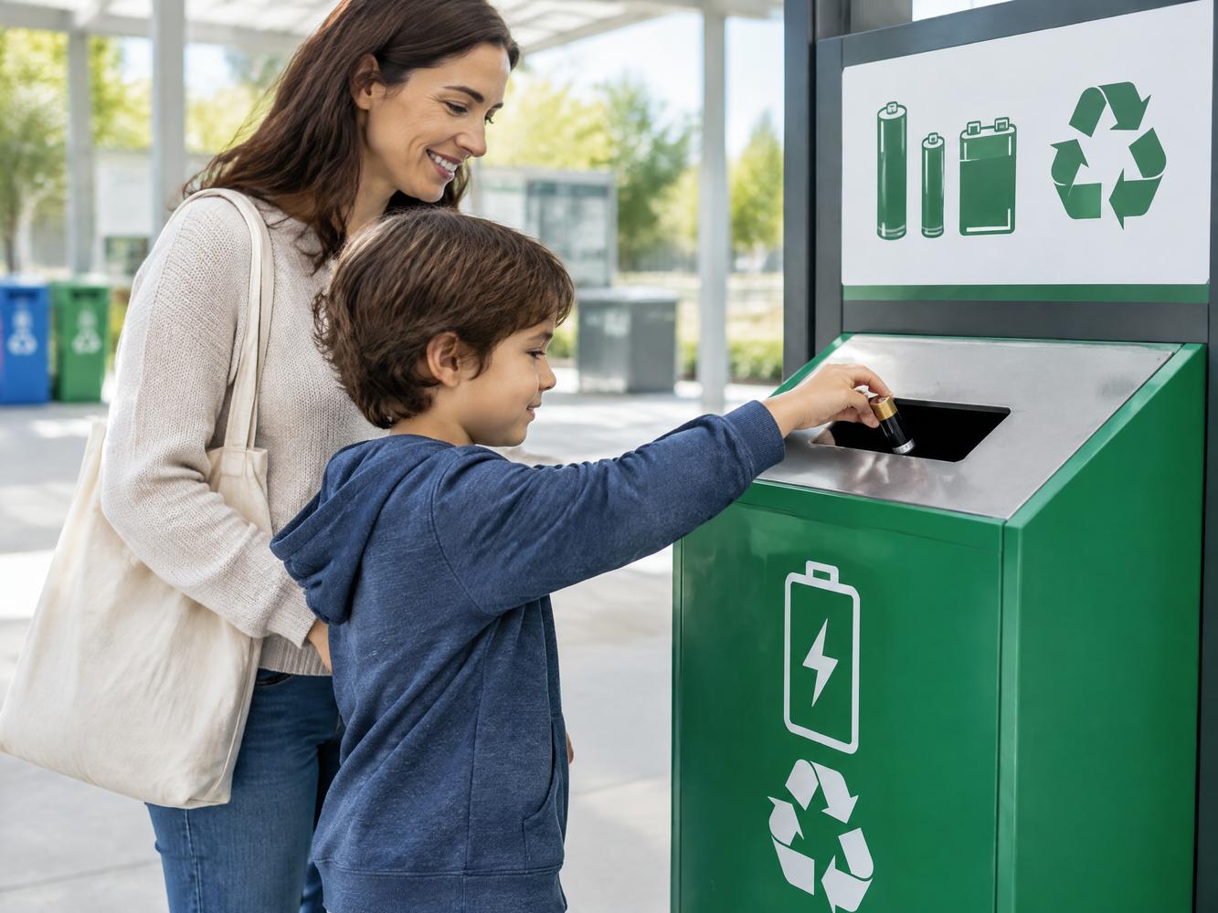 Family placing a used battery into a recycling collection container.